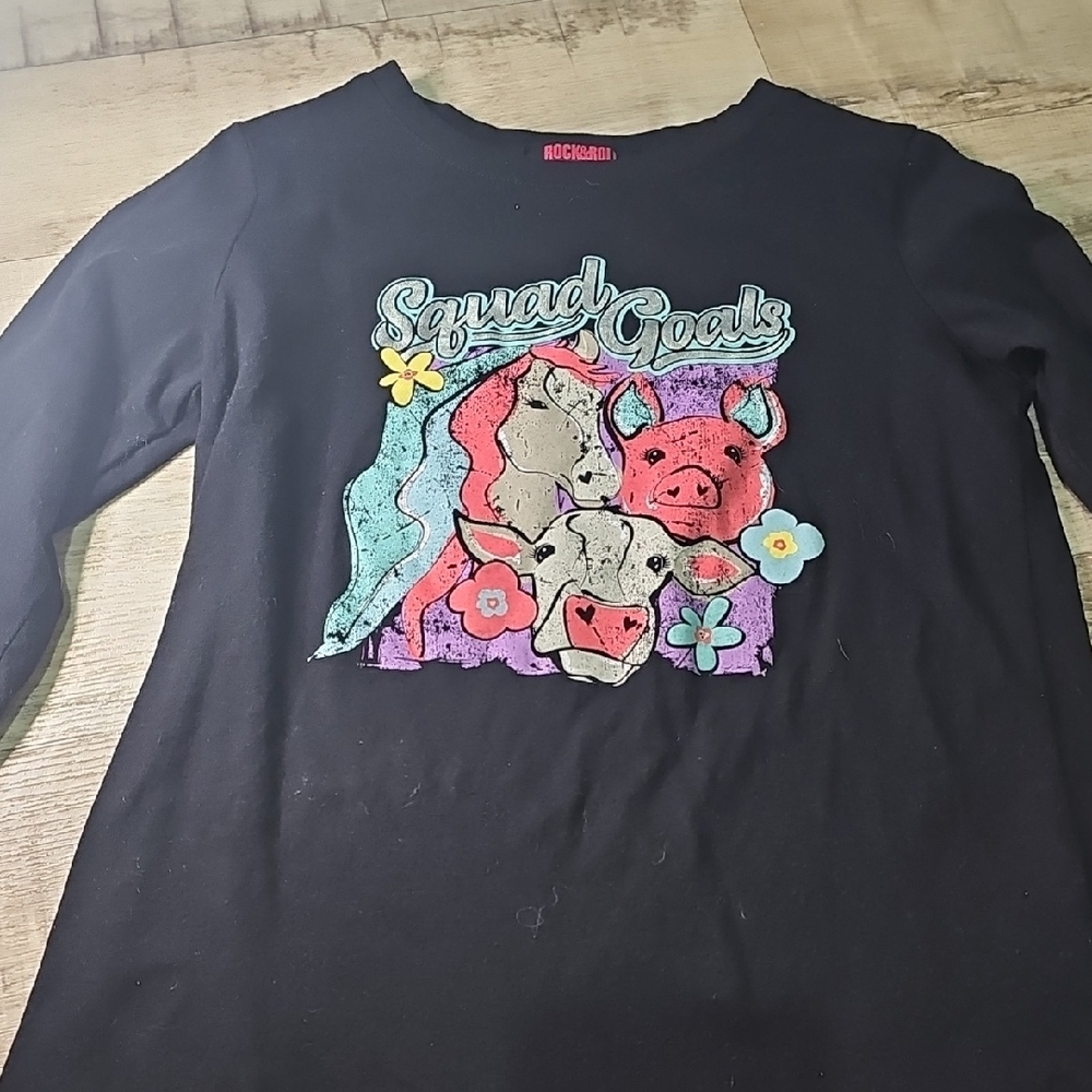 Rock & Roll Cowgirl Black Long Sleeve Tee with Colorful Animal Design